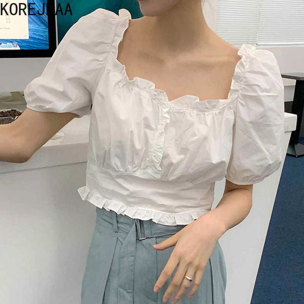 

korejpaa women shirt summer french gentle temperament square neck wooden ears receiving waist thin puff sleeve blouses 210526, White