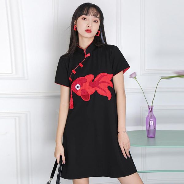 

loose cheongsam summer chinese style modified dress national tide young girl daily skirt ethnic clothing, Red
