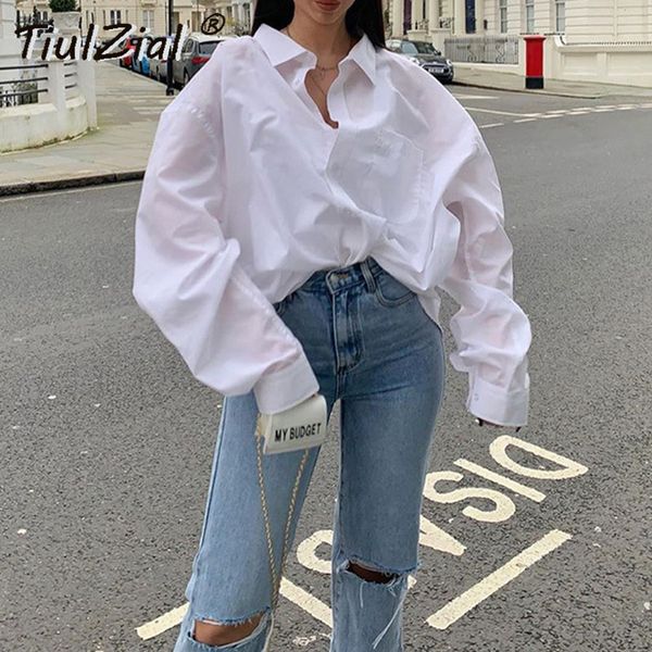 

tiulzial long white button turn down pocket oversize shirt women casual autumn loose and blouse