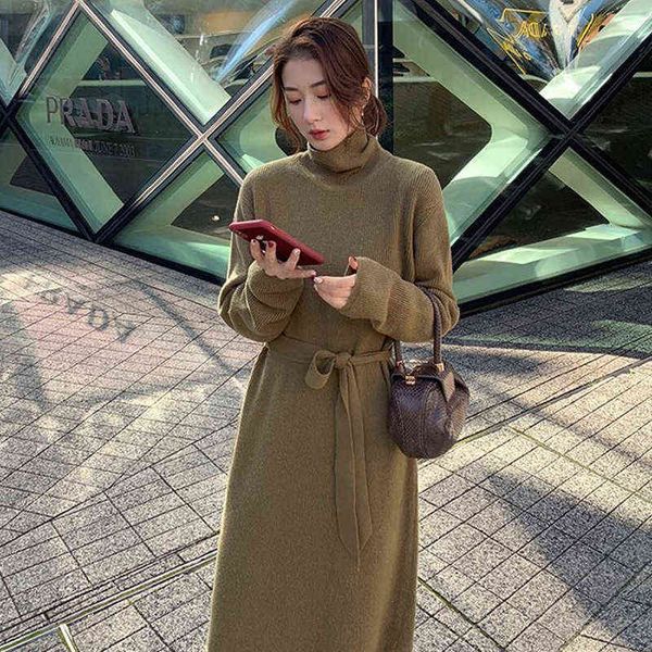 

casual dresses autumn and winter french gentle wind closing waist thin knitted feminine high neck lace up with long wool, Black;gray