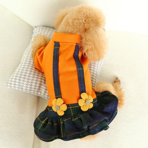 

dog apparel dress suspender skirt yellow flower plaids pet winter warm fashion woolen fake cute