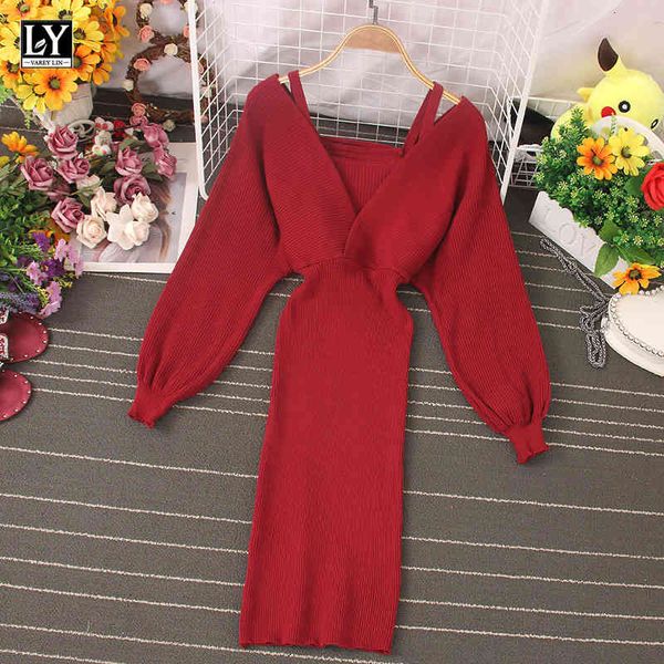

dresses autumn winter women slim bodycon ladies v-neck sweater long sleeve sashes elastic knitted dress, Black;gray