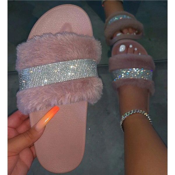 

women furry slippers faux fur woman bling crystal strap shoes female casual home rainbow flat women's summer footwear, Black