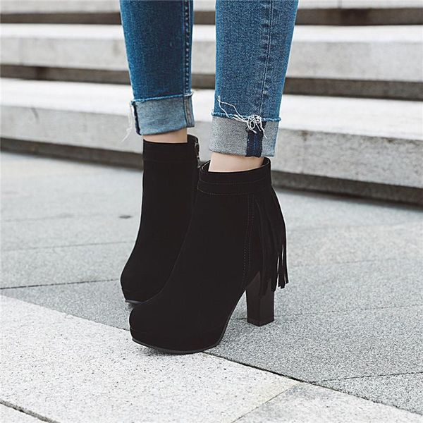 

ymechic fashion high heel ankle boots tassel side zipper platform shoes black booties winter ladies short boot large size