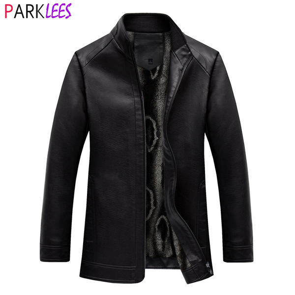 

men's fur & faux winter warm pu leather coat stand collar fleece lined motorcycle jacket men zipper slim fit formal casual chaquetas ho, Black