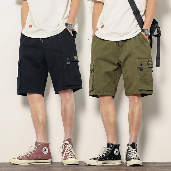 

men's pants japanese plus size 5xl overalls black army green summer r straight multi-pocket loose casual retro five-point men ofe6