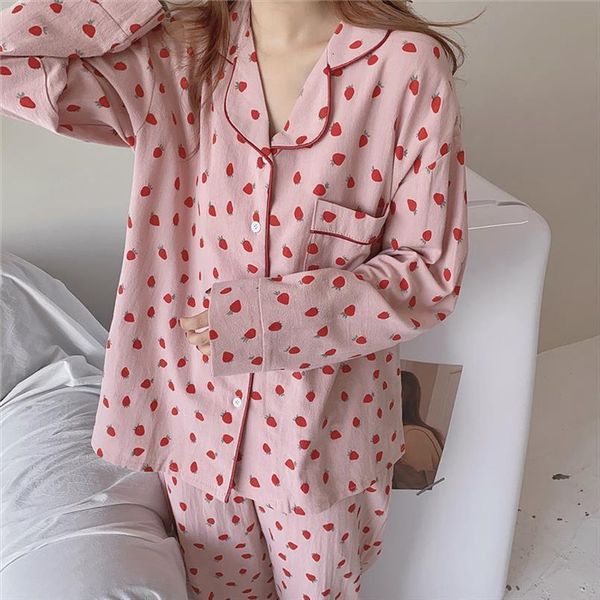

cute fruit strawberry print loose women sleepwear home suit pajamas long sleeve turn down collar pyjamas pants 2 pcs, Black;red