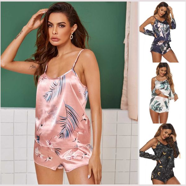 

sleepwear imitation silk sling suit two piece for women, Black;red