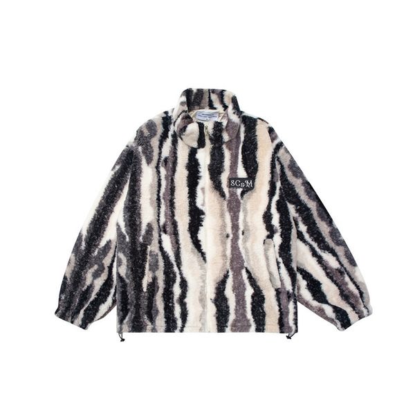 

tie dyed striped lamb wool coat men's ins fashion brand loose stand collar cotton clothes winter thickened cotton clothes, Black