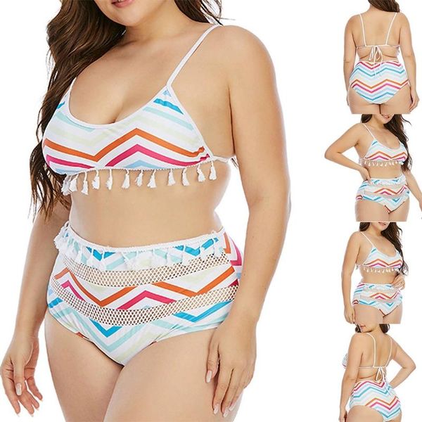 

women plus size 2pcs bikini set rainbow wavy striped tassels mesh beach swimsuit two-piece suits