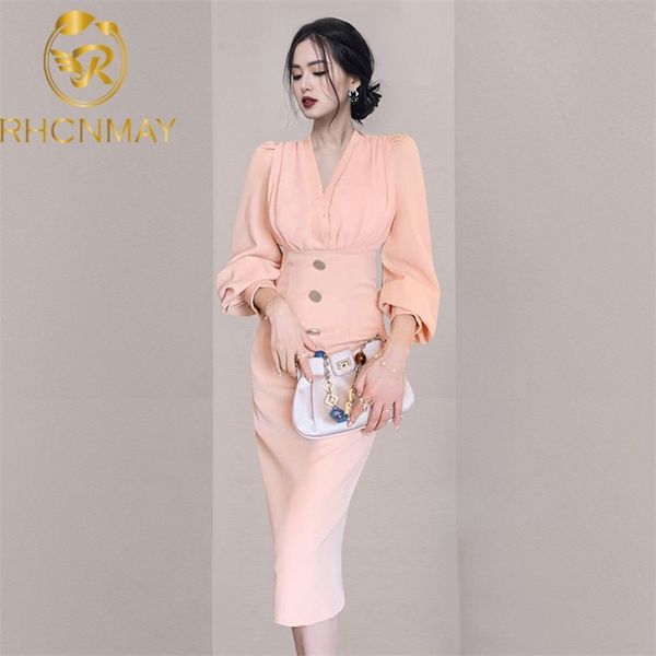 

women v-neck brand design elegant pink single breasted slim spring dress long sleeve luxury party midi clothes 210506, Black;gray