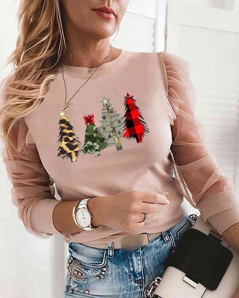 

women christmas tree print sheer mesh long sleeve 210415, White