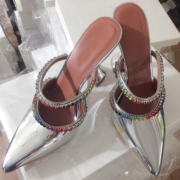 

bling crystal cup high heel slippers women silver mirror leather pointed toe sandals summer party dress shoes pumps, Black
