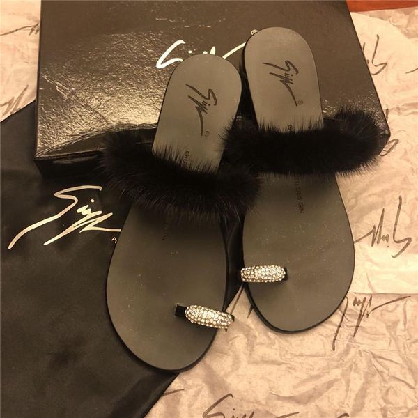 

flat leather sandals with rhinestones for women oxford sole mink hair easy to wear slippers, Black