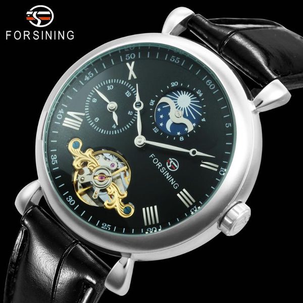 

wristwatches forsining mens tourbillon watches dress automatic mechanical watch men moon phase skeleton leather, Slivery;brown