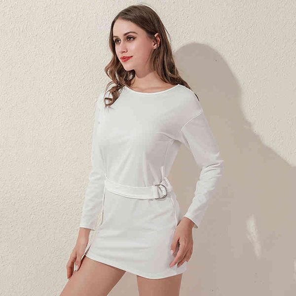 

casual dresses elegant long sleeve women's dress fashion o neck belt natural party autumn pure color ladies bewa, Black;gray