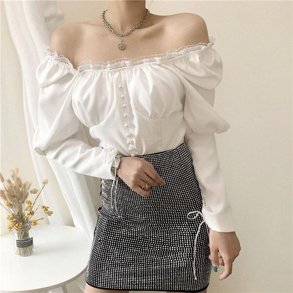 

women's white black blouses autumn french square collar lace temperament shirts for female puff sleeve shirt camisa &