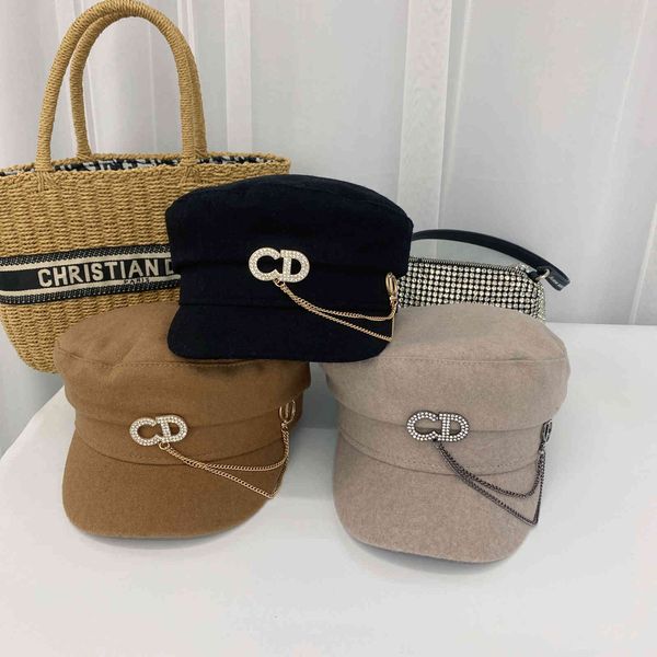 

design celebrities in and fashion metal letters rhinestone chain wool flat military hat newsboy hat trendy girl, Blue;gray
