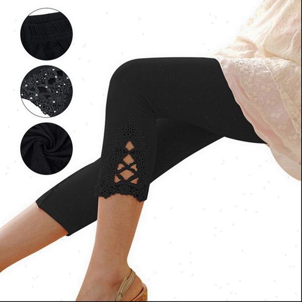 

3pcs womens leggings set fashion lace modal pants summer crocheted skinny stretch cropped capri pant 3 4 length, Black