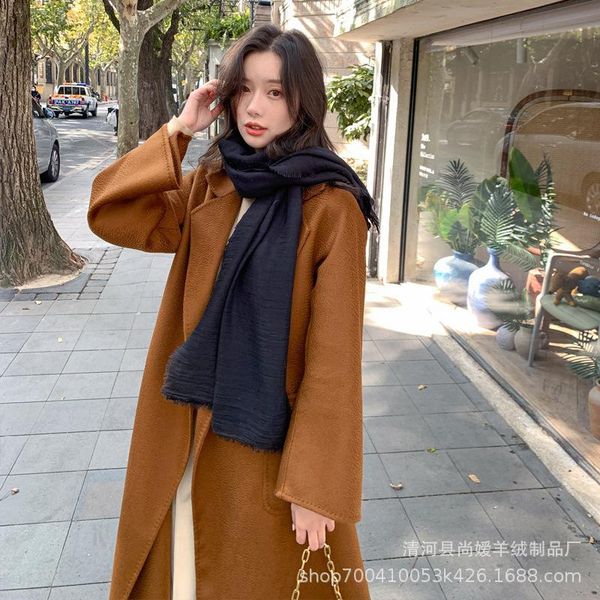 

women's wool & blends m family's same wavy cashmere coat, knee length bathrobe, lace up double faced woolen cloth coat, Black