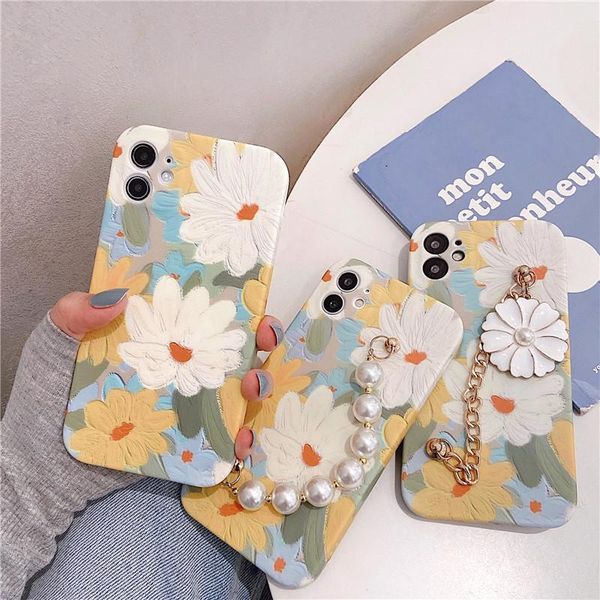 

cell phone pouches pearl wrist bracelet yellow white flowers case for 12 11 11pro max x xr xs 7 8plus se2021 silicone protective capa