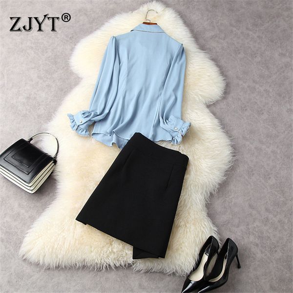 

runway designers spring ladies'clothes elegant ladies' office beading ladies drooling shirts and uneven skirt suit piece, Black