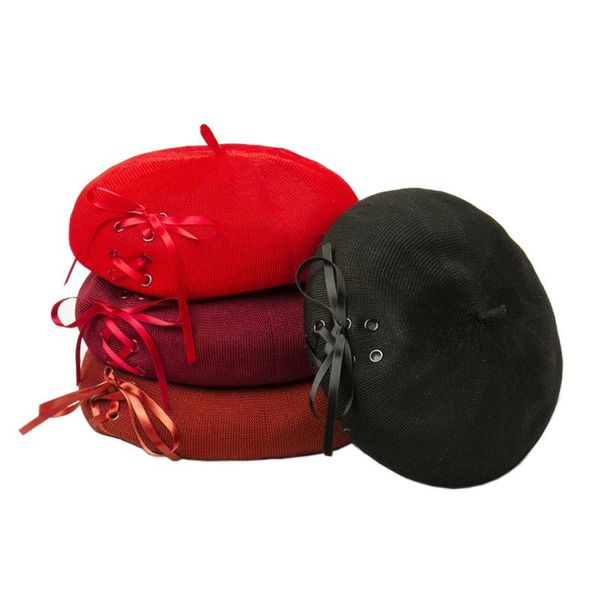 

women's rivets ribbon breathable artist french berets hats spring summer 2021 pumpkin maiden retro baret beanie cap, Blue;gray