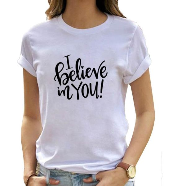 

women's t-shirt i believe in you tshirt women summer o-neck short sleeve cotton t shirts for loose casual shirt dropshippi, White