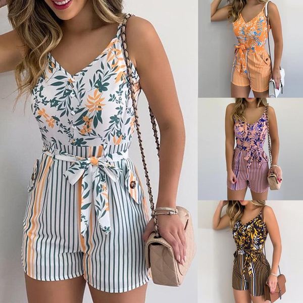 

women'sjumpsuit summer print jumpsuit casual slim short sleeve v-neck beach rompers sleeveless bodycon playsuit women's jumpsuits, Black;white