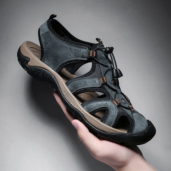 

slippers large size men's shoes summer leather breathable beach cool soft soled baotou casual trkp, Black