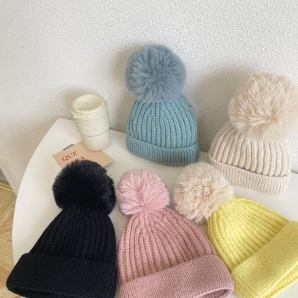

caps & hats focusnorm 5 colors infant baby girls boys winter warm knit hat solid beanie cap with faux fur balls, Yellow