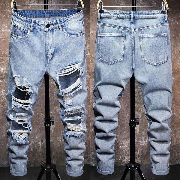 

men's jeans spring and summer torn trousers classic trendy fashion, Blue