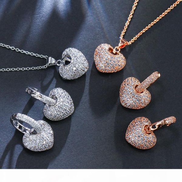 

europe and america women wedding jewelry set rose white gold plated sparky cz heart earrings necklace for bride for wedding party, Silver