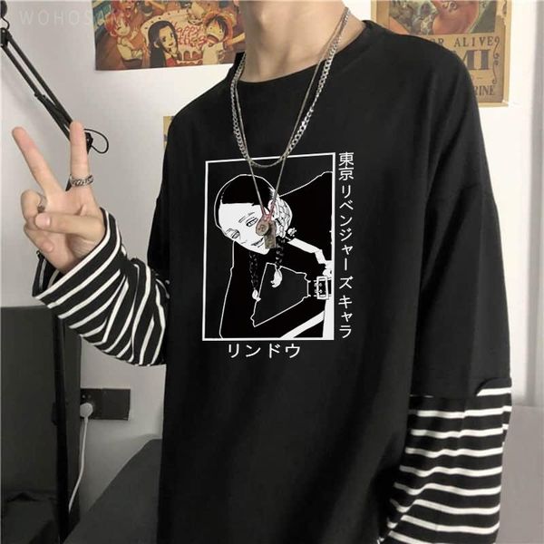 

men's t-shirts funny anime haitani ran tokyo revengers graphic men women's fashion cartoon summer casual loose long sleeve t shirt, White;black
