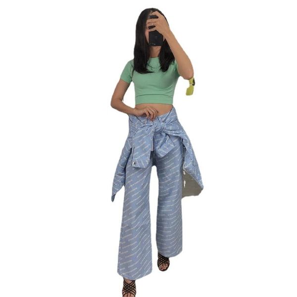 

women's jeans fashion brand a wang loose high waist full printed logo wide leg pants trousers mom cargo women, Blue