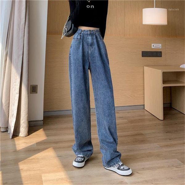 

women's jeans autumn winter straight pants women streetwear korea high waist loose denim female buttons wide leg ladies, Blue