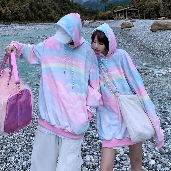 

hiphop sweater 2020 new autumn korean version net red minority couple's tie dye rainbow hooded loose sweater, Black