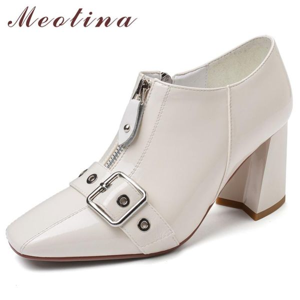 

dress shoes meotina high heels women pumps natural genuine leather zipper thick heel cow buckle square toe lady 39, Black