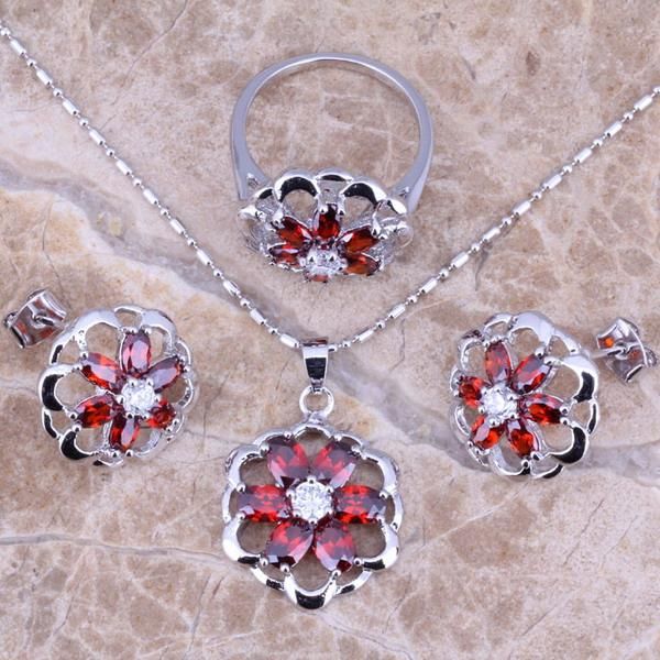 

earrings & necklace shiny red garnet silver plated jewelry sets pendant ring size 5.5 - 8 s0136