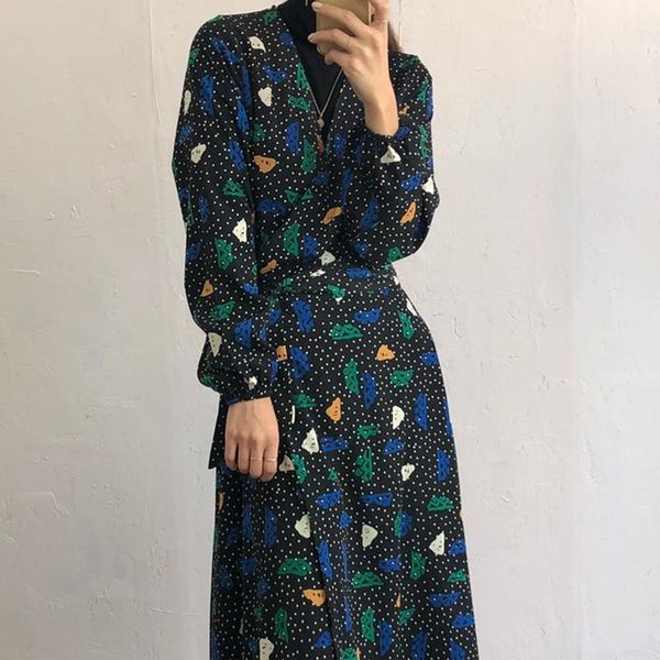 

casual dresses [ewq] 2021 spring female loose v-neck print floral single breasted long sleeve minimalist lace up polka dot dress 8q492, Black;gray