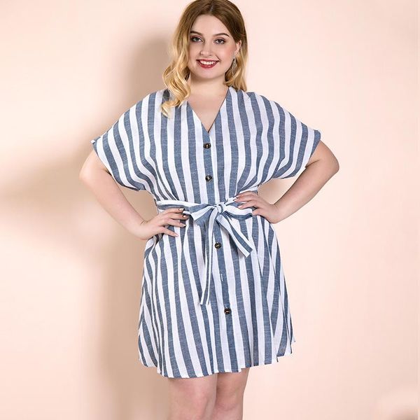 

casual dresses striped dress women 2021 fashion summer v neck short sleeve plus size belted mini, Black;gray