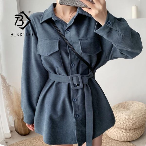 

spring women vintage corduroy long shirt with belt high waist full sleeve blouse button up autumn oversize pockets outwear women's blo, White