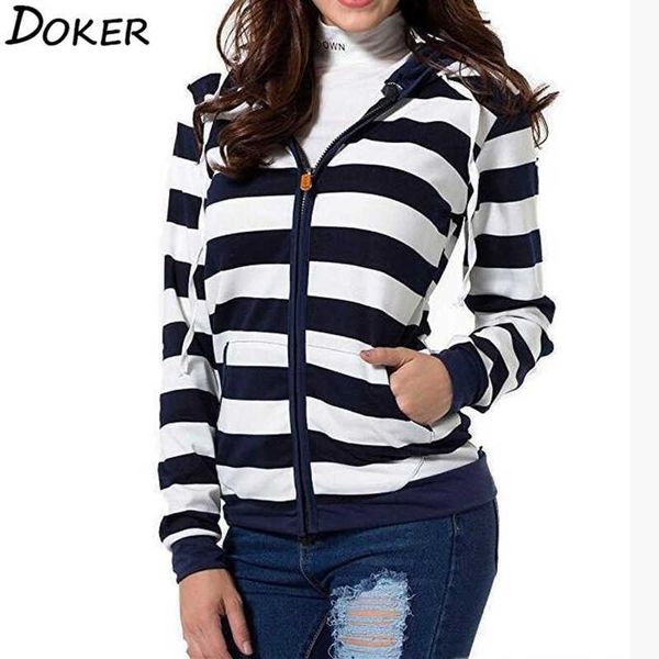

autumn women striped hoodies sweatshirt long sleeve hooded zipper pockets jackets casual plus size tracksuit female clothes 210604, Black