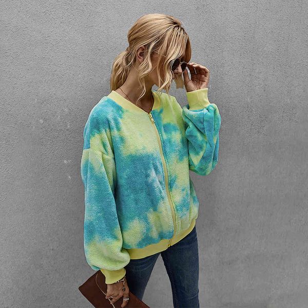 

autumn zipper coat jacket women winter vintage contrasting color tie-dye -selling long-sleeved plush jacket for women 210514, Black;brown