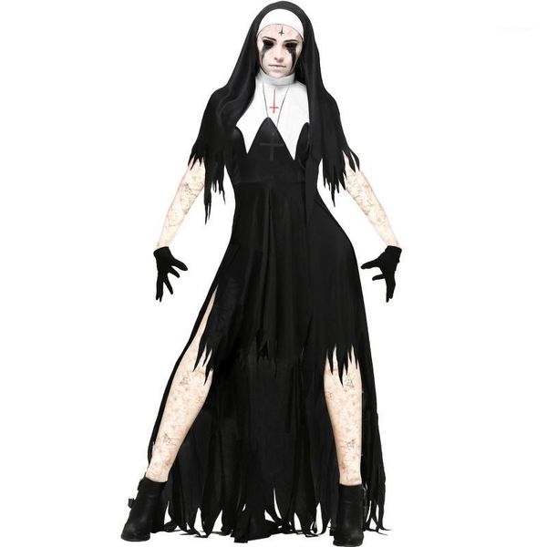 

casual dresses 40# halloween gothic maxi dress women plus size evil party uniform nun set masquerade cosplay for, Black;gray
