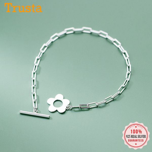 TrustDavis Genuine 925 Sterling Silver Moda Doce Flower Chain Bracelet para Mulheres Casamento Dia dos Namorados Jóias Presente DB1193