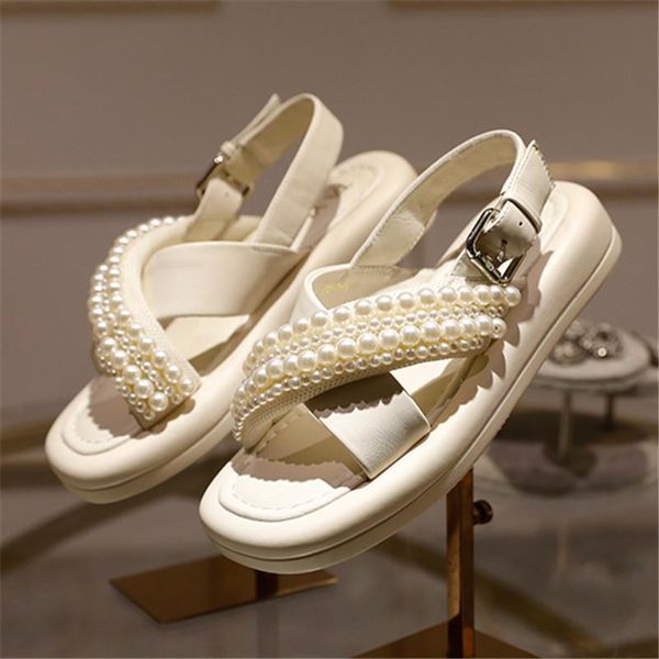 

sandals pearl summer platform genuine leather ladies indoor casual flat outer slippers white cute shoes designer, Black