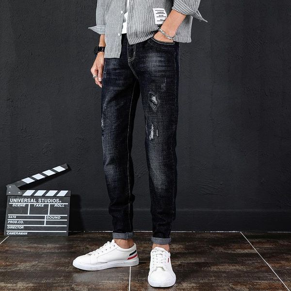 

men's jeans ripped denim pants stretch motor straight vintage trousers, Blue