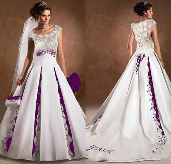 

vintage white purple wedding dresses satin lace embroidery court train gothic country capped sleeves scoop bridal wedding gowns