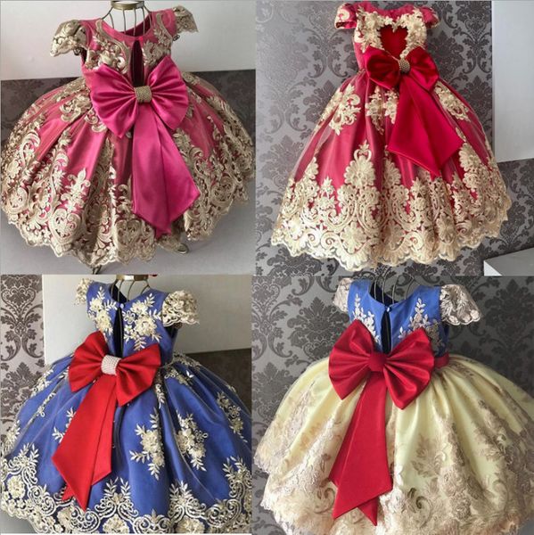 

retail flower girl dresses children elegant big bow embroidered lace princess dresses kids designer clothes girls wedding gown party dress, Red;yellow